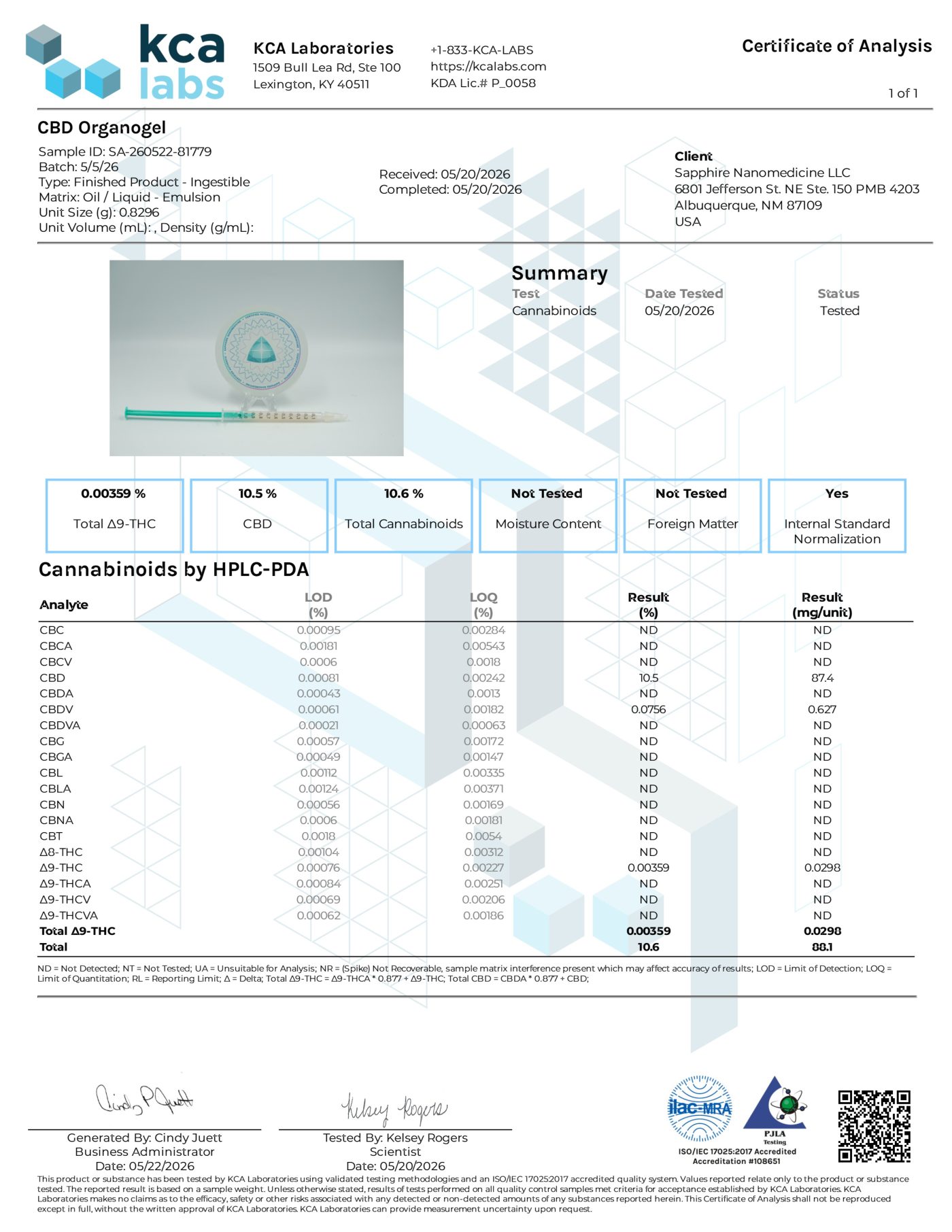 Certificate of analysis SA-260522-81779, issued by KCA Laboratories. The authoritative PDF is linked above.
